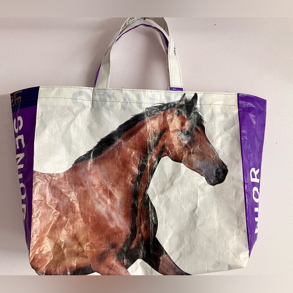 Animal Feed Sac Tote Bag, Horse, Handmade/Upcycled/Sustainable, Brown/Purple